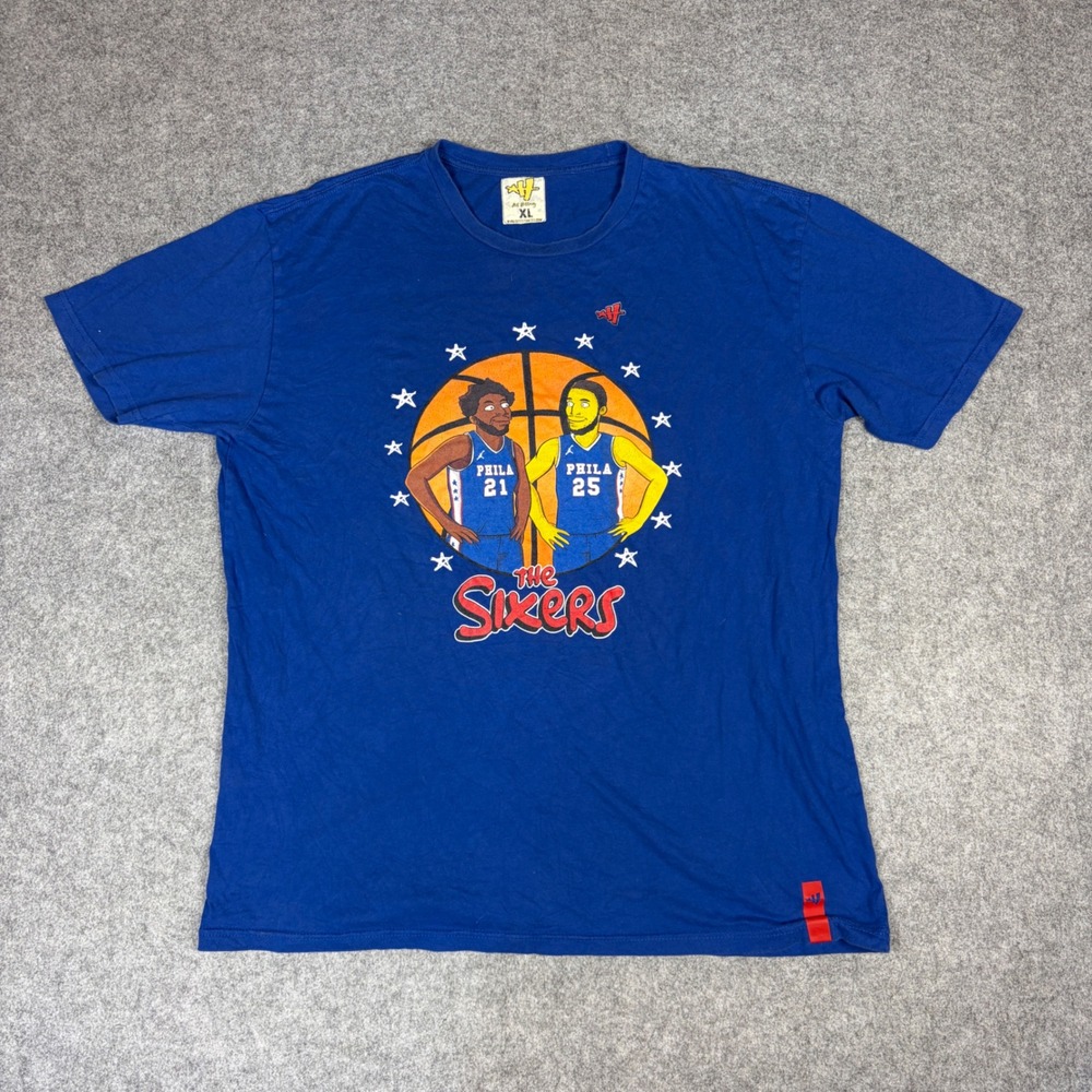 Art History Philadelphia 76ers Embiid Simmons Cartoon T-Shirt XL Blue NBA